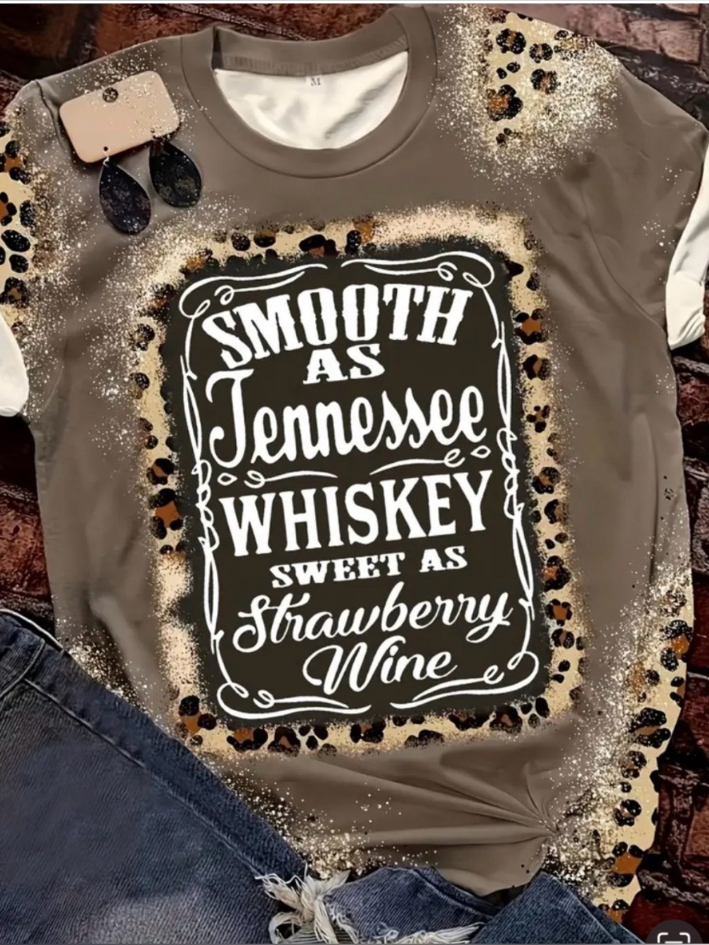Tennessee Whiskey Graphic Tee — Brown with Leopard Trim
